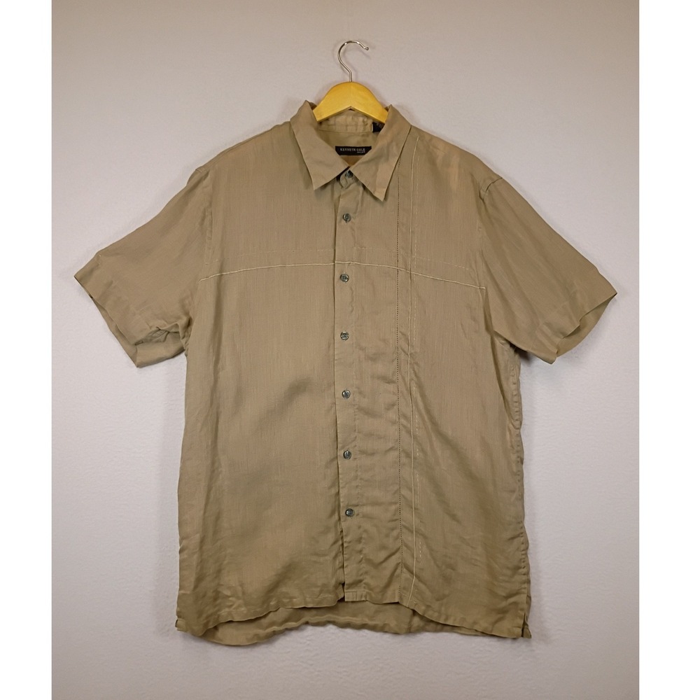 Coastal Linen Kenneth Cole Mens Large Tan Short Sleeve Guayabera Camp Shirt